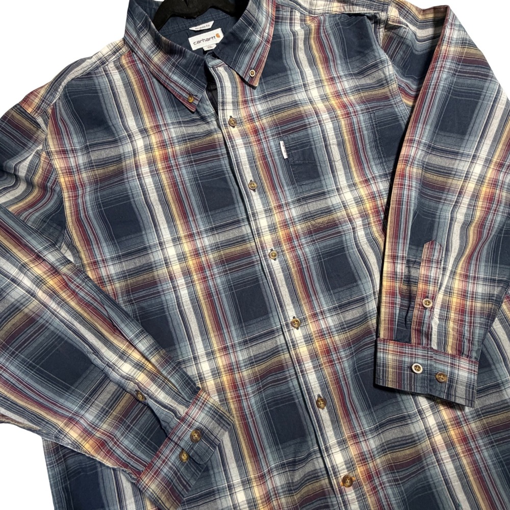 Carhartt Mens Relaxed Fit Plaid Button Down Shirt Blue Burgundy 101750 412 2XL